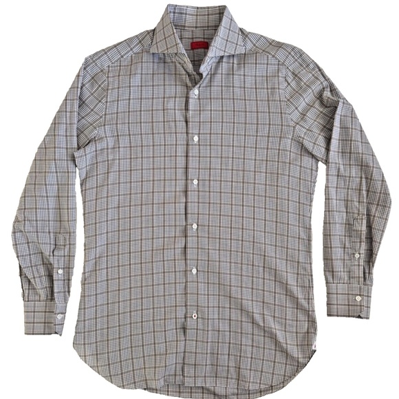 Isiaia 15.5/39 M/S Long Sleeve White Brown Check Grey Mens Button Down
